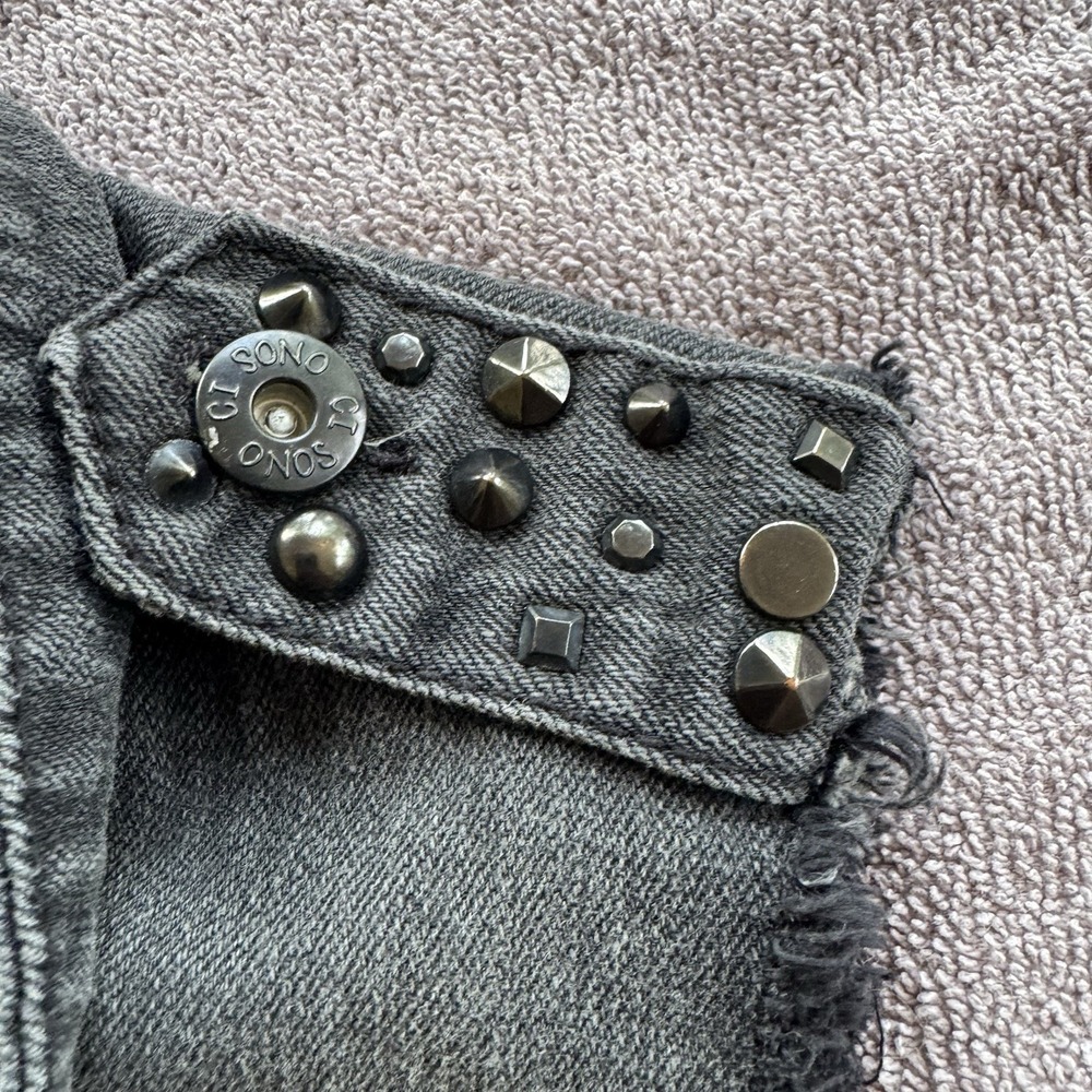 Womens Black Studded Denim Vest Moto Punk Grunge Frayed Sleeveless Jacket S - Picture 11 of 12